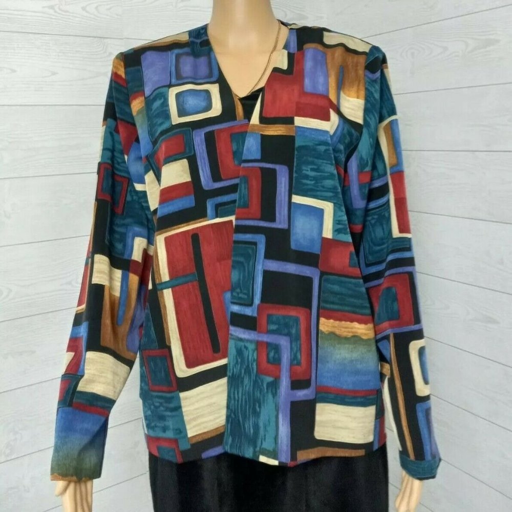 Vintage Nancy Womens 18 Abstract Blouse Open Jacket Casual Long Sleeve Black